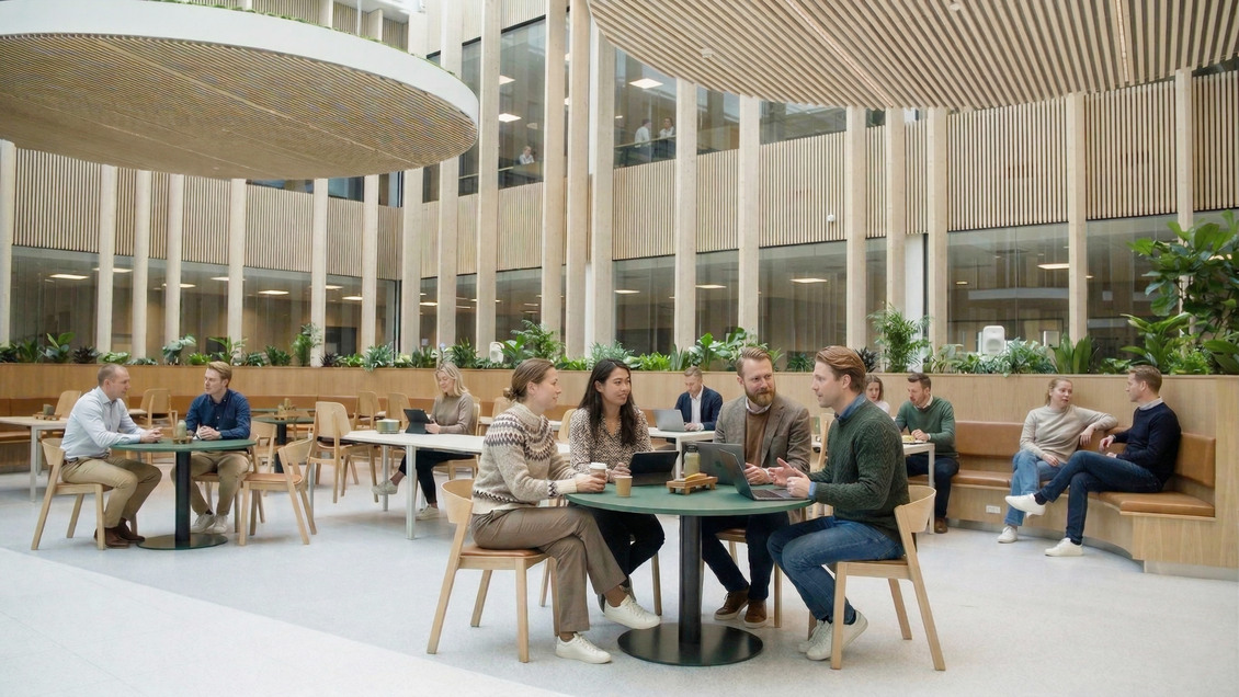 Moderne indendørs atrium med træsøjler og grønne planter i multibrugerhuset på Ejby Industrivej.