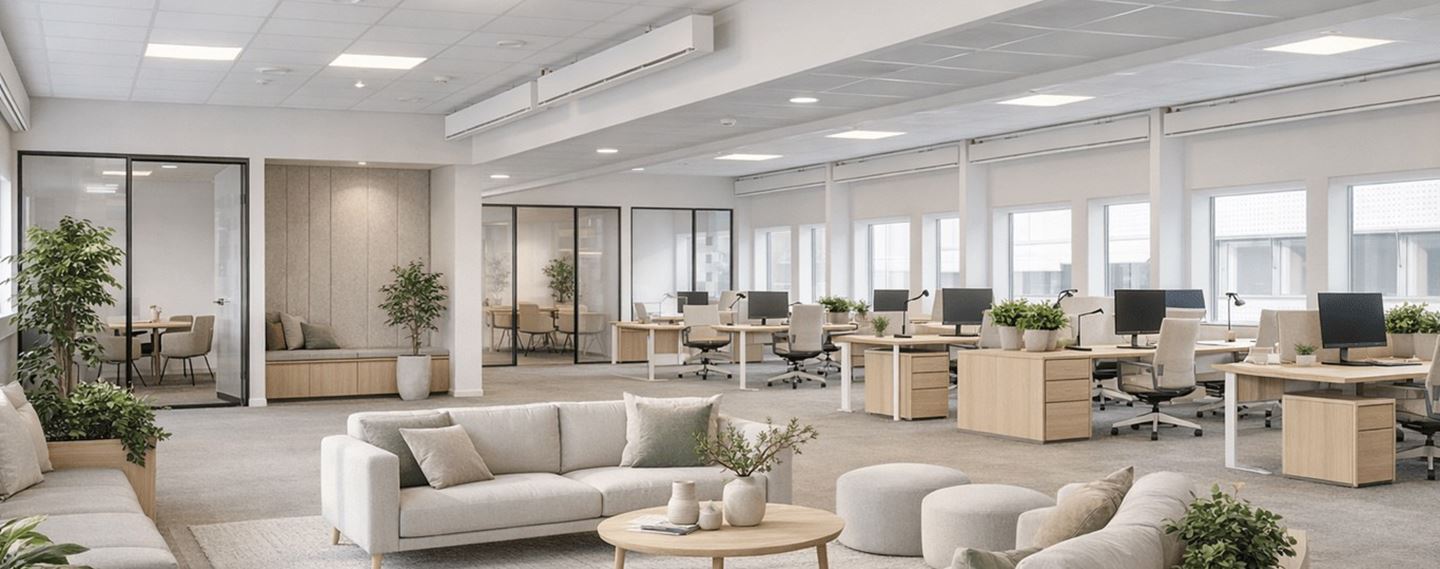 Lyst og moderne kontorlandskab på Hedegaardsvej 88 ved Amager Strand med lounge og arbejdspladser.