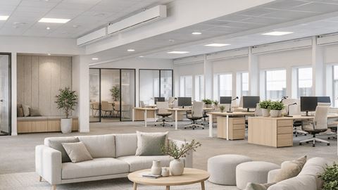 Lyst og moderne kontorlandskab på Hedegaardsvej 88 ved Amager Strand med lounge og arbejdspladser.