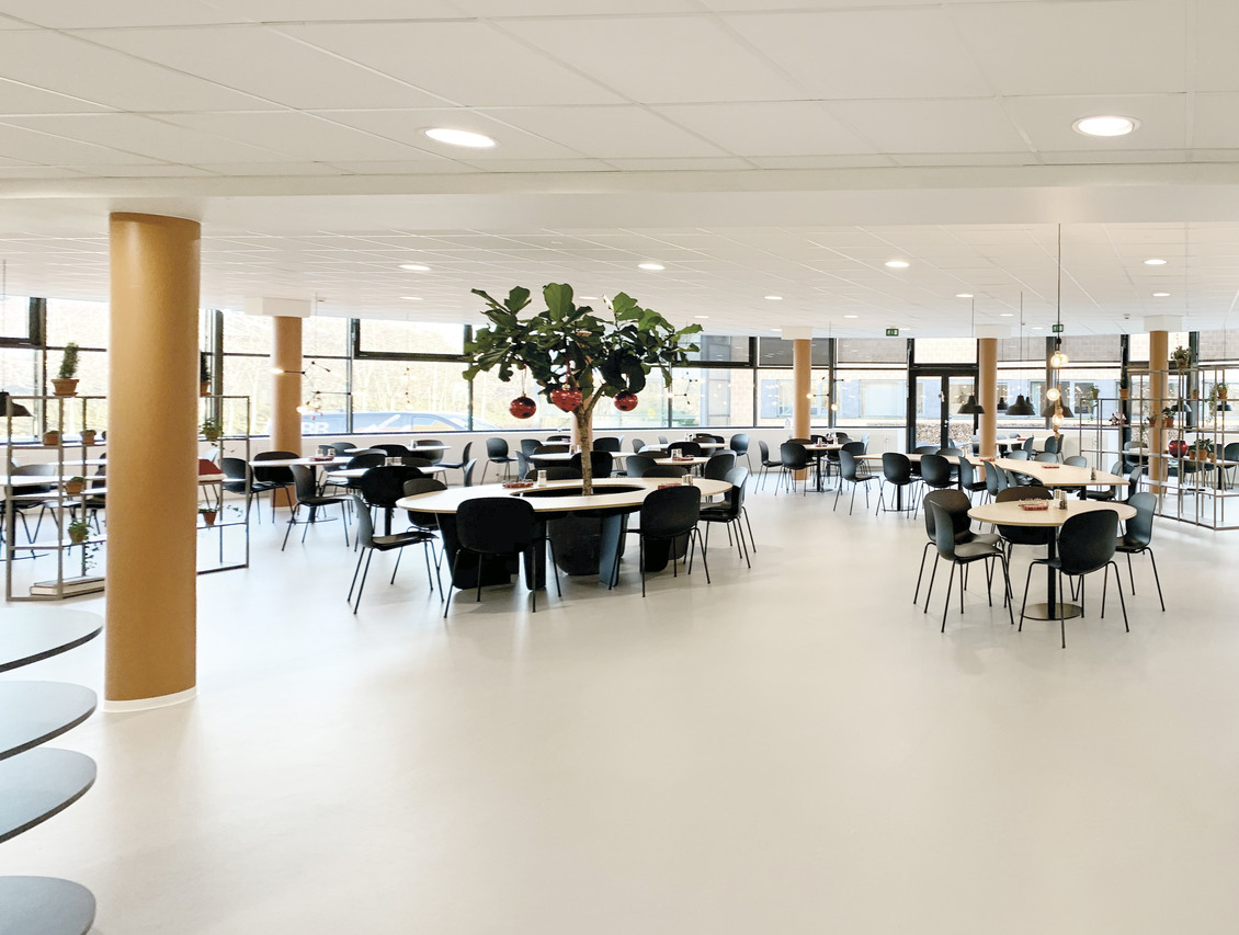 Moderne kantine og loungeområde med træer og mødeborde på Lautrupvang 12 i Ballerup.