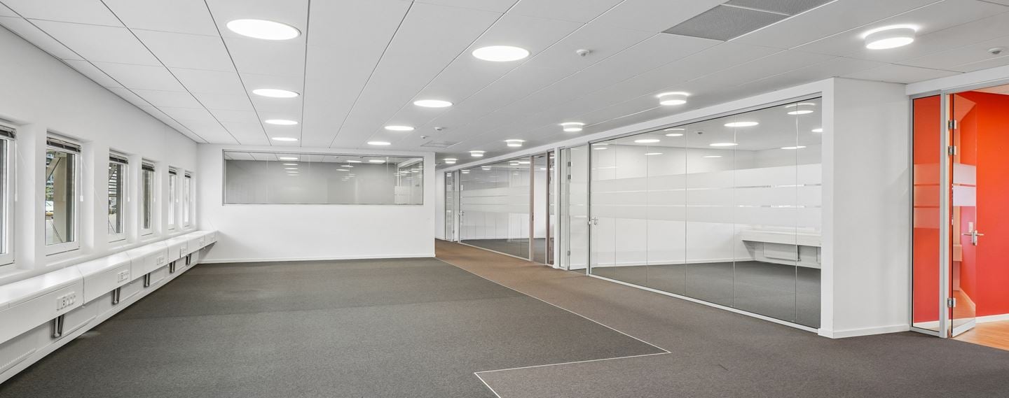 Lyst og moderne kontorlokale med glasvægge og mørke tæpper på Borupvang i Ballerup.