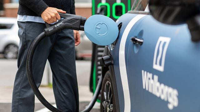 En Wihlborgs varebil ved en ladestander som led i virksomhedens bæredygtige ESG tiltag.